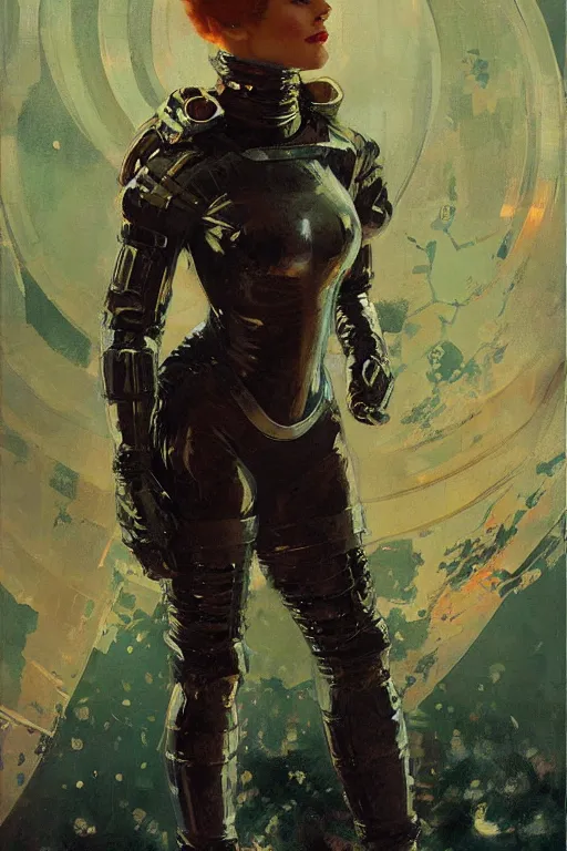 Image similar to pulp scifi fantasy illustration full body portrait of elegant strong woman wearing latex spacesuit, by norman rockwell, jack kirby, bergey, craig mullins, ruan jia, jeremy mann, tom lovell, 5 0 s, astounding stories, fantasy