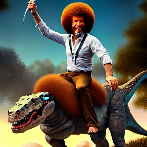 Image similar to bob ross!!! riding!!! a dinosaur!!, giant afro!, model pose, ultra realistic, concept art, intricate details, highly detailed, photorealistic, octane render, 8 k, unreal engine octane render art by artgerm and greg rutkowski and alphonse mucha