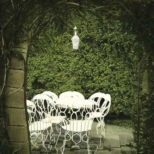 Prompt: delicate, chairs, garden, paved, botanic photography, iridescent, 8 k, realistic shaded, fine details, artstation, italian, iron gate, tree, mediterranean