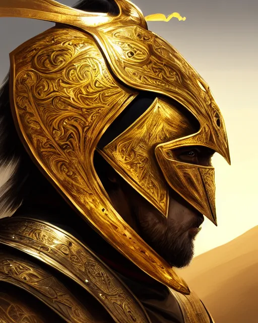 Image similar to hyper realistic side view painting of the king of the desert, angry, wide angle, gold armour, sword, dramatic lighting, intricate, wild, highly detailed, digital painting, artstation, concept art, smooth, sharp focus, illustration