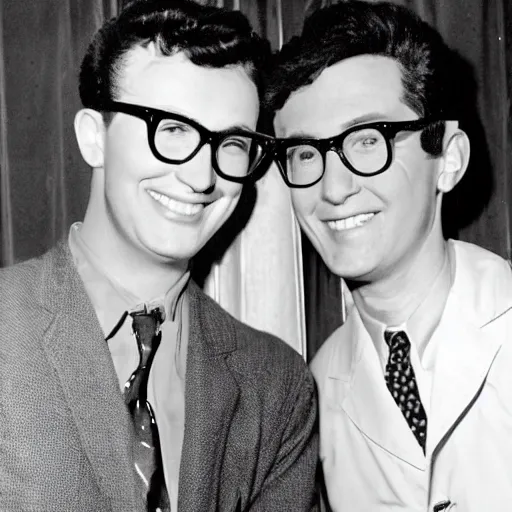 Prompt: a man who looks just like buddy holly, next to a man who looks like mary tyler moore. they do not care what they say about them. homies are dissing their girl as the picture is taken. stunning photography.