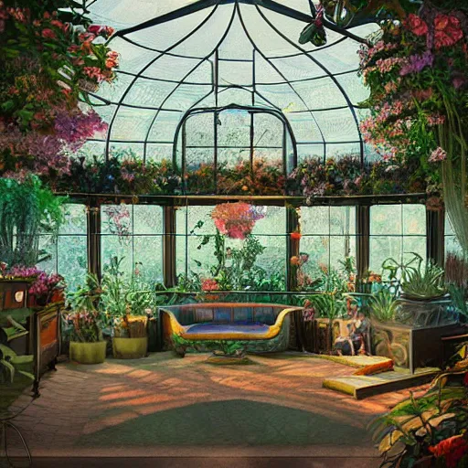 Prompt: a musical bedroom art deco greenhouse. the greenhouse is built into a giant oak tree, ornate, beautiful, atmosphere, vibe, flowers, concept art illustration, greg rutowski, volumetric lighting,