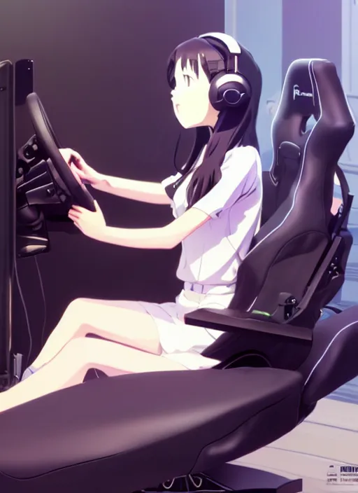 Prompt: portrait of cute girl driving on simracing simulator, personal room background, illustration concept art anime key visual trending pixiv fanbox by wlop and greg rutkowski and makoto shinkai and studio ghibli and kyoto animation, fanatec peripherals, playseat evolution, symmetrical facial features, gaming chair, ferrari, thrustmaster ts pc racer, curved monitor