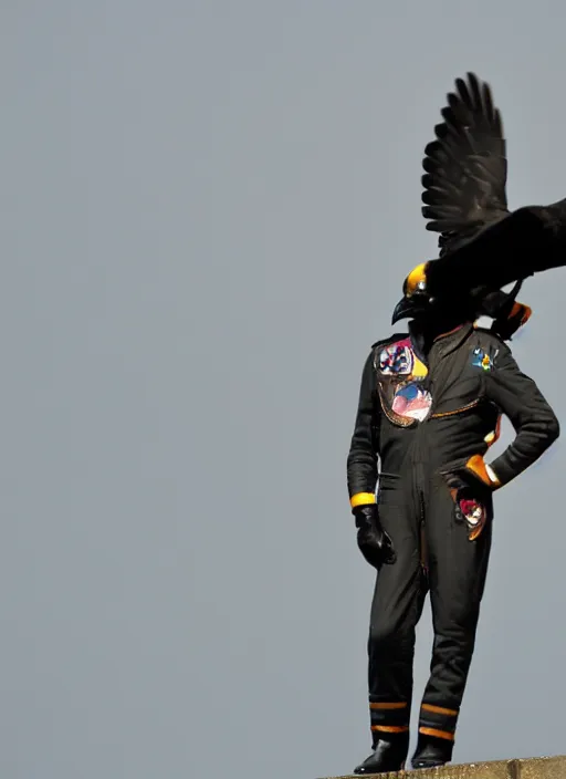 Image similar to a jet pilot with a crow head