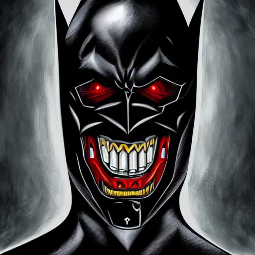 Image similar to the batman who laughs, hyper detailed masterpiece, digital art painting, surrealisme aesthetic,