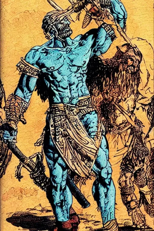 Image similar to ancient historically accurate depiction of the Bible Character Goliath of Gath, the Philistine warrior giant by frank miller