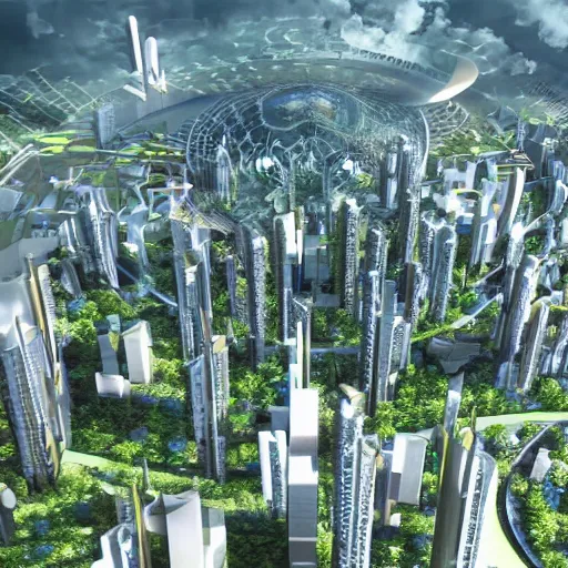 Image similar to scenic view of a futuristic modern utopian eco friendly city