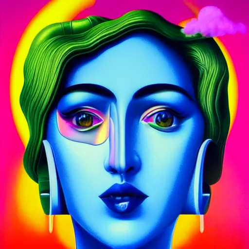 Image similar to colorful vaporwave art deco portrait, an ultrafine detailed painting by rafal olbinski, thomas cole, behance contest winner, pop surrealism, detailed painting, very detailed, minimalist, skeuomorphic, airbrush art