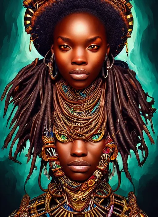 Prompt: : african shamen fantasy, fantasy magic, , intricate, sharp focus, illustration, highly detailed, digital painting, concept art, matte, Artgerm and Paul lewin and kehinde wiley, masterpiece