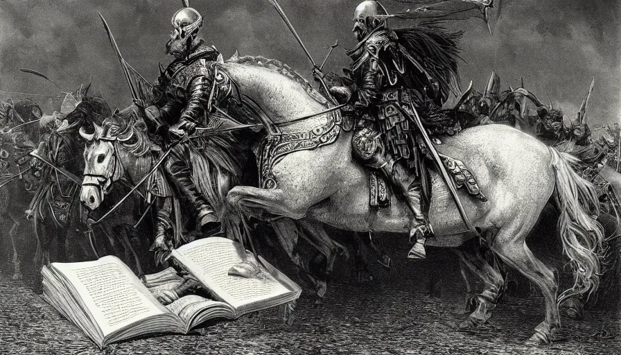 Image similar to big opened book, open book page, opened book, page, don quixote leave the book by horse, cinematic romantic magical masterpiece, by gene wolfe, highly detailed painting by gustave dore