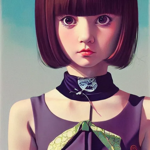 Image similar to little girl wearing an gucci's outfit. art by ilya kuvshinov, inspired by balthus, highly detailed, 8 0 s anime art style, realistic,