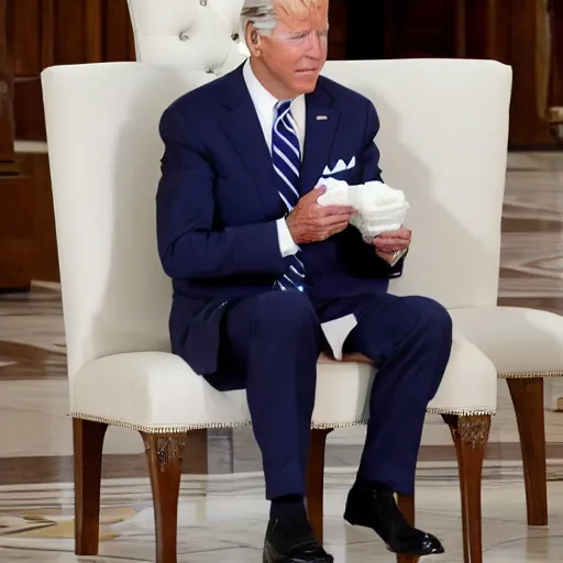 Prompt: joe biden soils his diaper and a white chair at the vatican,