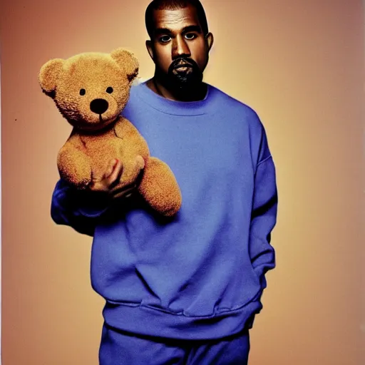 Image similar to Kanye West holding a teddy bear for a 1990s sitcom tv show, Studio Photograph, portrait C 12.0