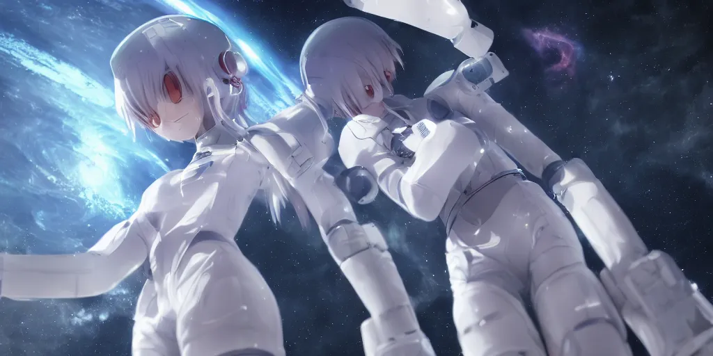 Image similar to High resolution photo of an anime girl in a white futuristic spacesuit in awe at the beauty of the universe, 4k/8k, Cinematic Movie Photograph, Cinematic Lighting, Artstation, space, galaxy, stars, vivid colours