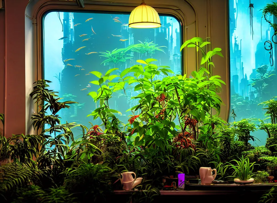 Image similar to telephoto 7 0 mm f / 2. 8 iso 2 0 0 photograph depicting an alien jungle plant in a cosy cluttered french sci - fi ( art nouveau ) cyberpunk apartment in a pastel dreamstate art cinema style. ( aquarium inset, computer screens, window ( city ), leds, lamp, ( ( ( aquarium bed ) ) ) ), ambient light.