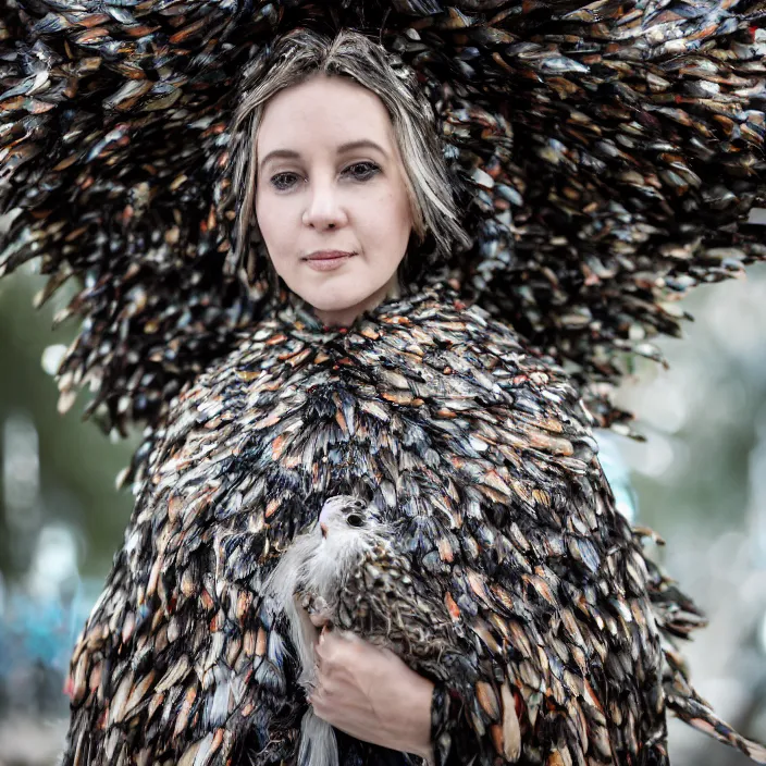 Prompt: a closeup portrait of a woman wearing a cloak made of birds, in an abandoned theme park, by omar z. robles, canon eos c 3 0 0, ƒ 1. 8, 3 5 mm, 8 k, medium - format print