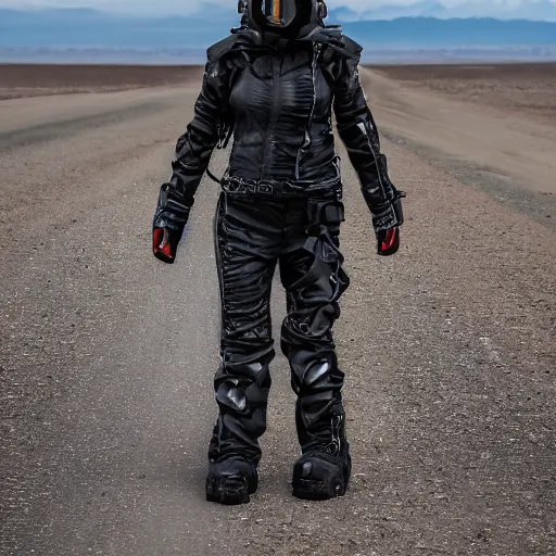 Image similar to photograph of a techwear woman, closeup, on a desert road with a futuristic city in the horizon, long exposure, sigma 85mm f/1.4, 4k, depth of field, high resolution, 4k, 8k, hd, full color