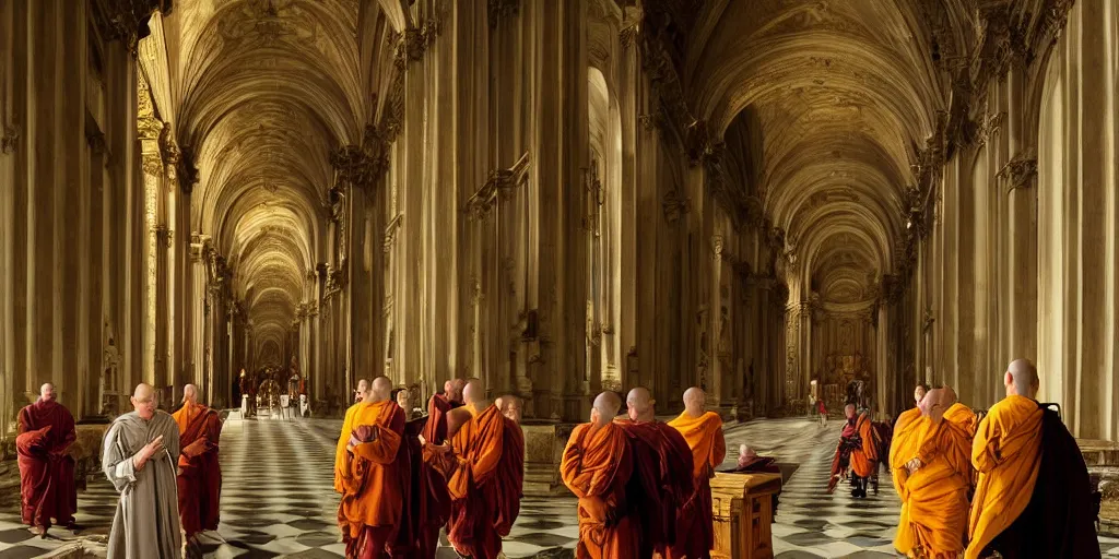 Image similar to beautiful oil matte portrait painting, monks holding a church ceremony inside a baroque cathedral, wonderful masterpiece highly detailed, beautiful cinematic light deep focus, elegant, digital painting, smooth, sharp focus, golden ratio, dramatic illumination, ultra realistic, 8 k, art by giovanni bellini and caravaggio