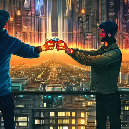 Prompt: two men toast at the end of the world in a cyberpunk city, realistic, high definition, 4K, shimmering color, symmetrical face, hyper detailed, art of invincible