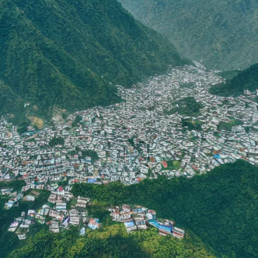 Prompt: Realistic aerial photograph of sikkim with some people moving around in India