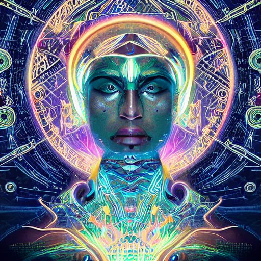 Image similar to portrait of a future metaverse Ayahuasca tech shaman warrior, 2D cartoon, visionary art, symmetric, Magick symbols, holy halo, shipibo patterns, sci-fi, concept art, trending on art station, 8k digital art, by Mandy Jurgens, fantasy portrait art, anime