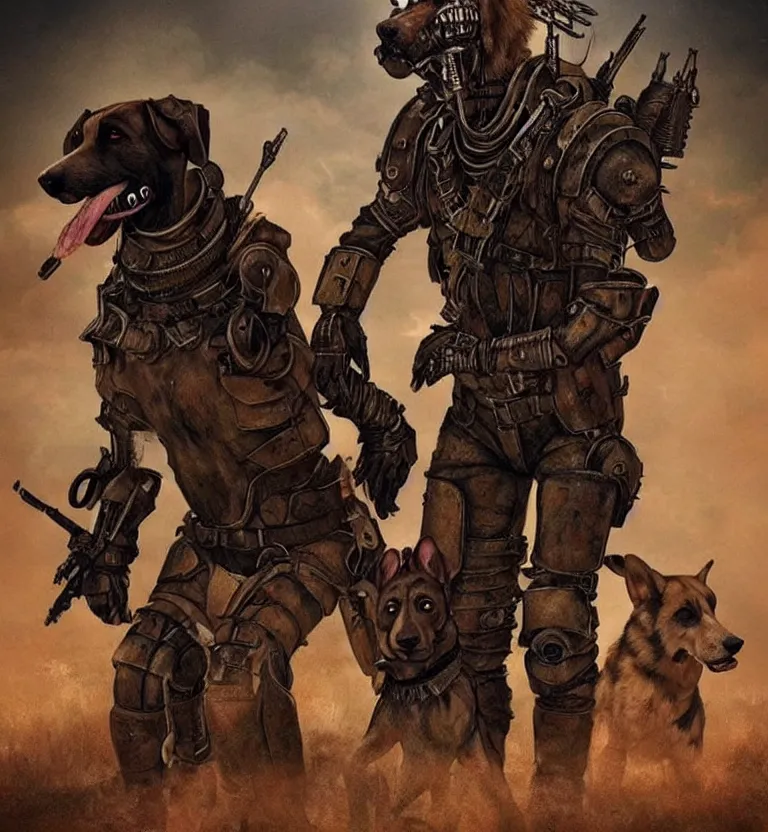 Image similar to a good ol'hound dog fursona ( from the furry fandom ), heavily armed and armored facing down armageddon in a dark and gritty version from the makers of mad max : fury road. witness me.