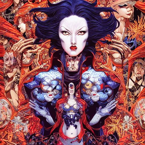 Image similar to portrait of crazy mystique, symmetrical, by yoichi hatakenaka, masamune shirow, josan gonzales and dan mumford, ayami kojima, takato yamamoto, barclay shaw, karol bak, yukito kishiro