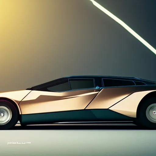 Image similar to a design of a futuristic DMC Delorian, designed by Polestar, blade runner background, back view, light copper car paint, black windows, sportscar, black show room, dramatic lighting, octane rendering, unreal engine rendering, hyper realistic render, depth of field, octane rendering