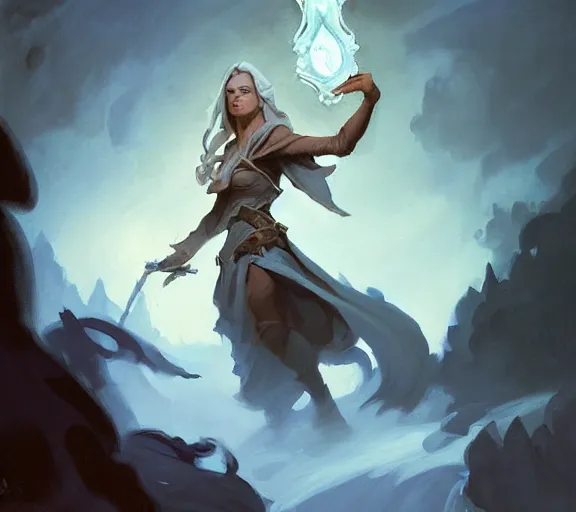 Prompt: greg manchess portrait painting of beautiful mage, d & d, fantasy, medium shot, asymmetrical, intricate, elegant, matte painting, illustration, hearthstone, by greg rutkowski, by greg tocchini, by james gilleard, by joe fenton, dynamic lighting, gradient light blue, brown, blonde cream and white color scheme, grunge aesthetic