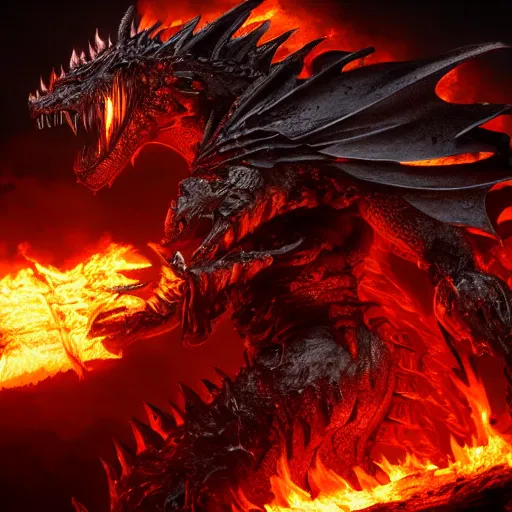 Image similar to 4k unreal engine render of Deathwing spreading his fire in a epic way, dynamic lighting, stunning visuals, cinematic, ultra detailed, trending on art station, fantasy concept art