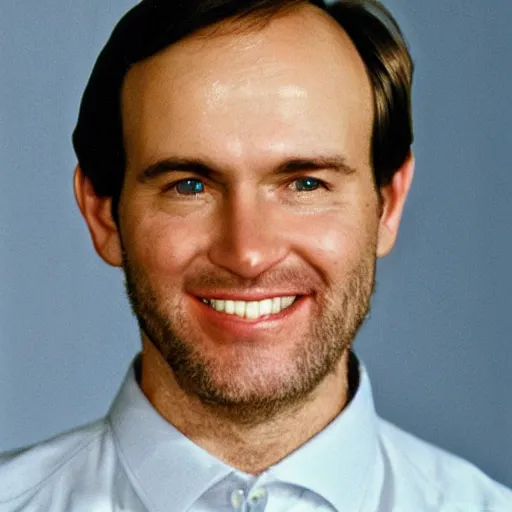 Image similar to color photograph of a balding, middle aged, brown haired, hairy, blue eyed, round faced, short white man dressed in a white shirt, smiling at the camera with perfect, straight white teeth