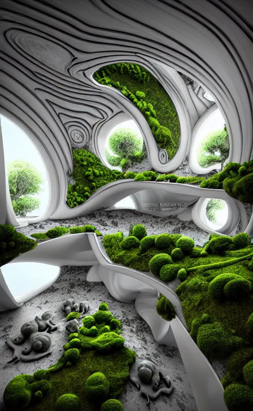 Image similar to highly detailed ultra sharp 3 d render villa interior cinematic composition of a smooth ceramic porcelain biomorphic magnolia stone nebula fluid fractal sci - fi surreal architecture landscape, granite, metallic, magnesium, marble, moss and lichen, vincent callebaut composition, mamou - mani, archviz, beautiful lighting, 8 k, unreal engine, hdr,