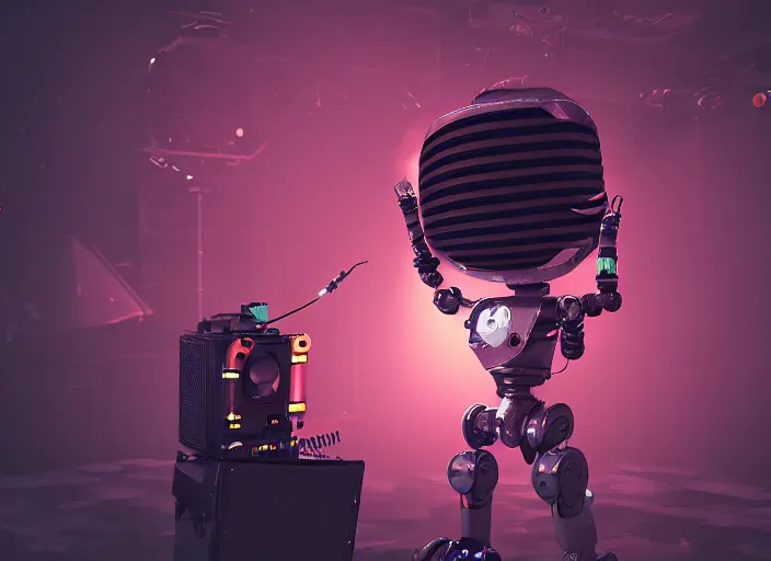 Prompt: a portrait of a robot screaming into a microphone at a death metal concert festival, 3 d rendering, dark background, digital, unreal engine, illustration, 8 k resolution, artstation, cinema 4 d, behance hd