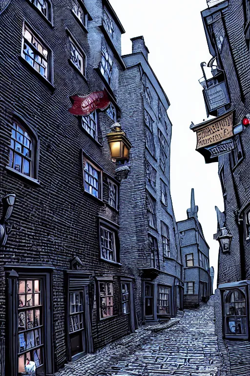 Prompt: a beautiful linocut print of diagon alley, 8 k, frostbite 3 engine, cryengine, dof, trending on artstation, digital art, crepuscular ray, art by fossi _ images and tugboat printshop