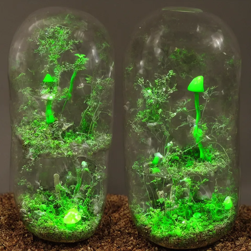 Prompt: a terrarium of bioluminescent magical mushroom with veins