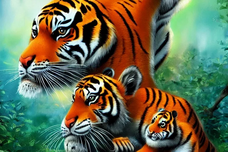 Image similar to beautiful aesthetic digital illustration of a singular female tiger with her of newborn cub by Lisa Parker and Anne Stokes, matte background, deviantArt, artstation, trending on artstation