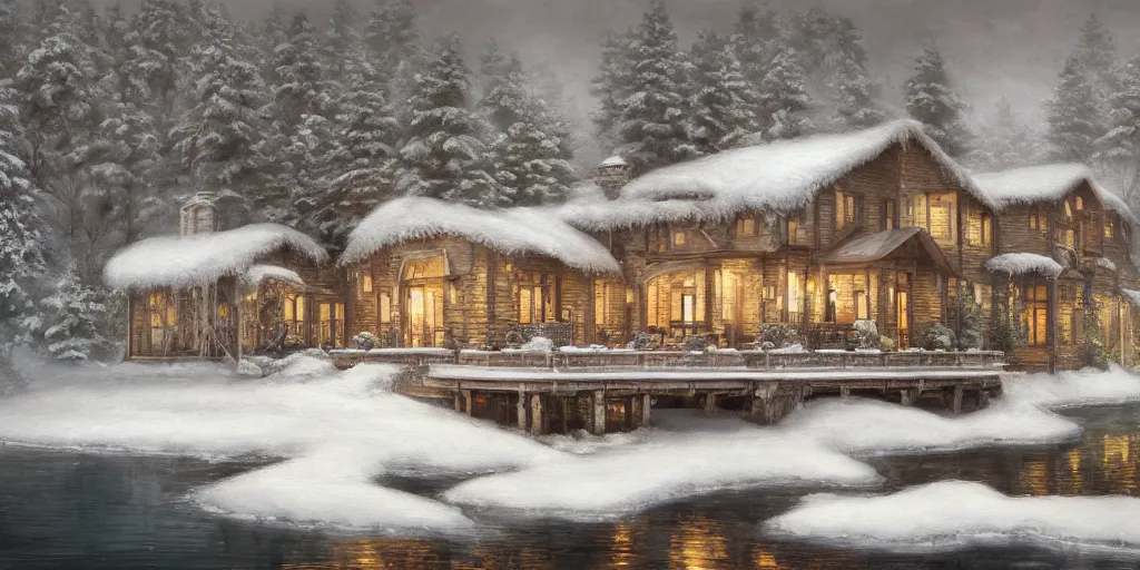 Image similar to an oil painting of a lakehouse in winter, masterpiece, highly detailed, high quality, 4 k, anatomically correct, hyperrealistic, concept art, octane render, unreal engine 5, trending on artstation, trending on deviantart, matte, historical painting, fantasy style, path traced, high coherence, soft lighting, digital painting, mythical