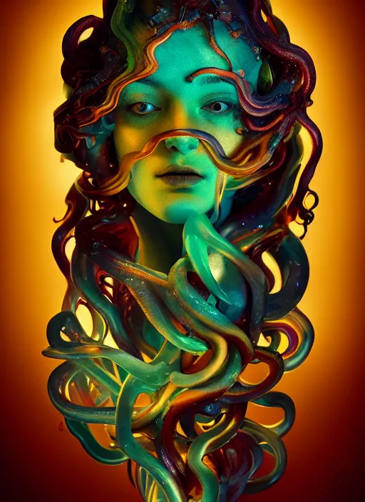 Prompt: subsurface scattering, medusa made of soft wax, cgsociety, translucent, organic squid and ceramic art nouveau swirls, golden orbs, colored smoke, in the style of alberto seveso and ruan jia and beeple and giger, mystical colors, back light, rim light, dramatic lighting, 8 k, stunning scene, raytracing, octane render