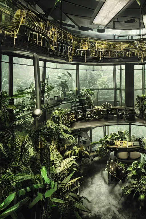 Prompt: a futuristic steampunk science office, inside a building built in the middle of a lush tropical rainforest, steampunk furniture and computers, lush forest outside of the window, realistic, detailed, dark, moody, scary lighting, ominous feeling, canon 50mm lens,