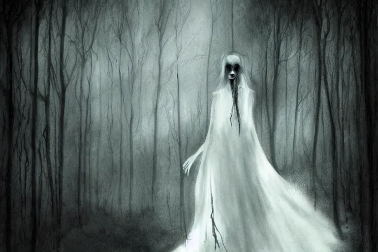 Image similar to a ghostly apparition of a girl in white dress haunting the dark forest artwork by ben templesmith