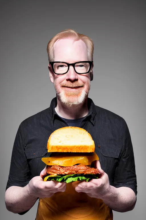 Image similar to 📷 portrait of adam savage with a sandwich head, food face, still image, high resolution, 4 k