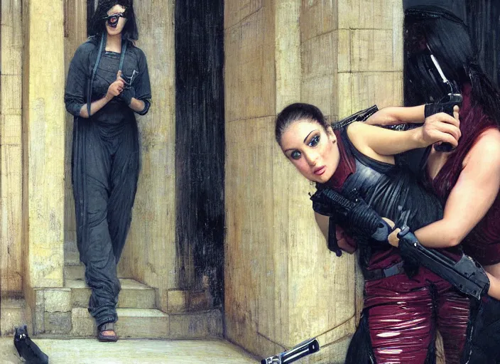 Image similar to sophia evades sgt Griggs. Cyberpunk hitwoman wearing jumpsuit escaping police troopers (blade runner 2049). Gorgeous face. Iranian orientalist portrait by john william waterhouse and Edwin Longsden Long and Theodore Ralli and Nasreddine Dinet, oil on canvas. Cinematic, hyper realism, realistic proportions, dramatic lighting, high detail 4k