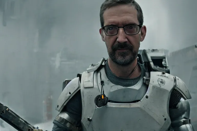 Image similar to vfx movie closeup real life gordon freeman holding wearing futuristic armor, half life logo on chest plate, crowbar in russian train yard by emmanuel lubezki