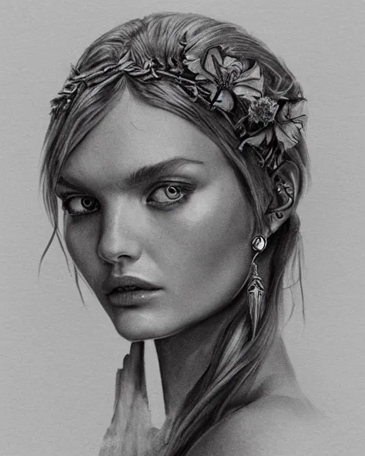 Prompt: realism tattoo sketch of lily donaldson as a beautiful greek goddess aphrodite with piercing eyes wearing a laurel wreath and triangle earrings, in the style of greg rutkowski, amazing detail