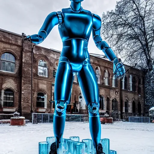 Image similar to made of ice, a realistic detailed photo of a guy who is an attractive humanoid who is half robot and half humanoid, who is a male android, on display, blank stare, showing off his muscles, shiny skin, posing like a statue, by the pool, frozen ice statue, f 1 driver max verstappen, humanoid robot