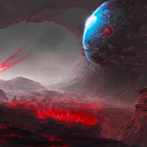 Prompt: red planetoid exploding, cracked, shattered, viewed from earth, concept art, high fantasy, extreme detail