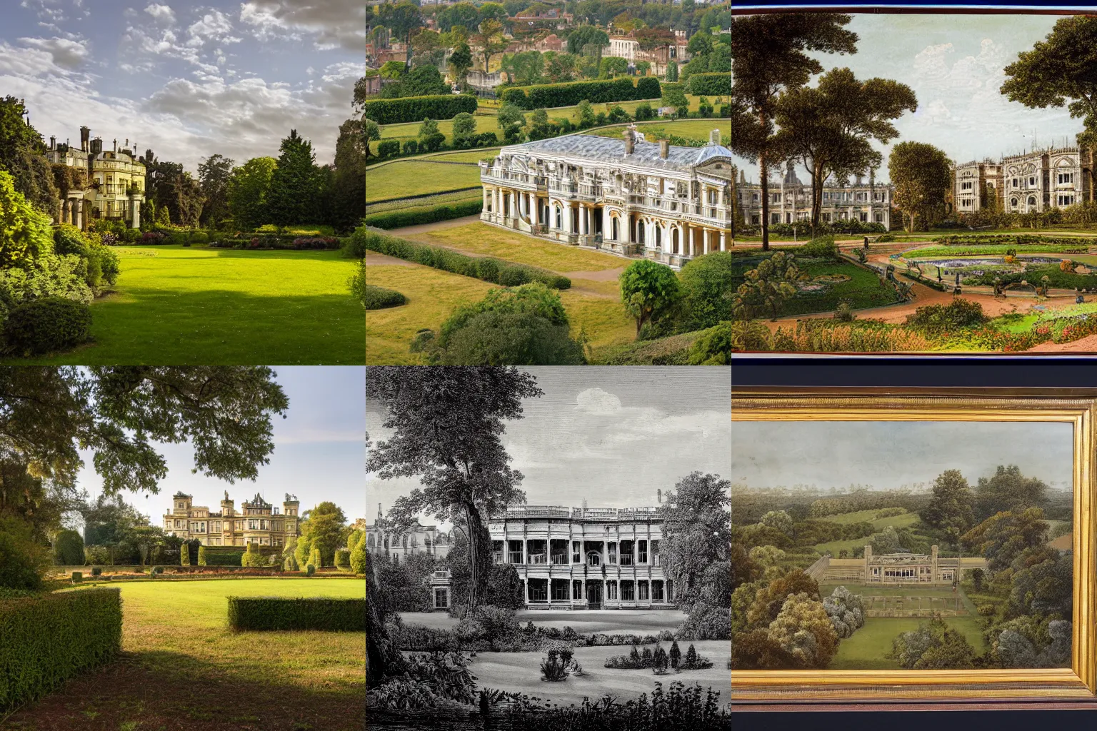 Prompt: landscape photograph of a large victorian palace with gardens. Detailed