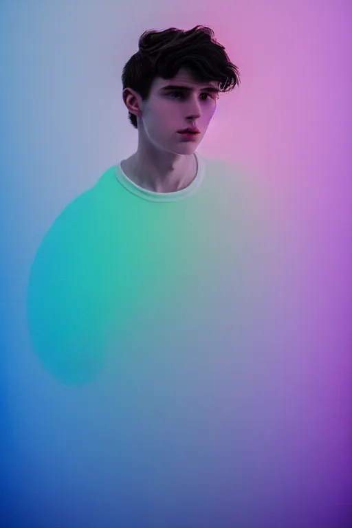 Image similar to high quality pastel coloured film mid angle selfie photograph of a beautiful young 2 0 year old male, soft features, short black hair, standing in an icelandic black rock environment. atmospheric. three point light. photographic. art directed. ( pastel colours ). volumetric light. clearcoat. waves glitch. 8 k. filmic.