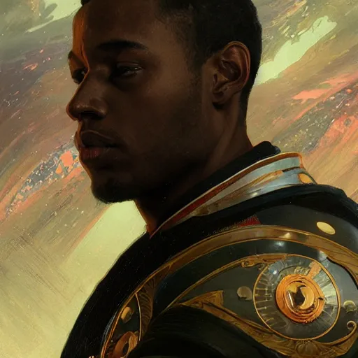 Prompt: A black male of the Minmattar race in Eve-Online inside a station, gorgeous, beautiful, intricate, highly detailed, digital painting, artstation, oppressive lighting, sci-fi concept art, sharp focus, illustration, art by greg rutkowski and alphonse mucha