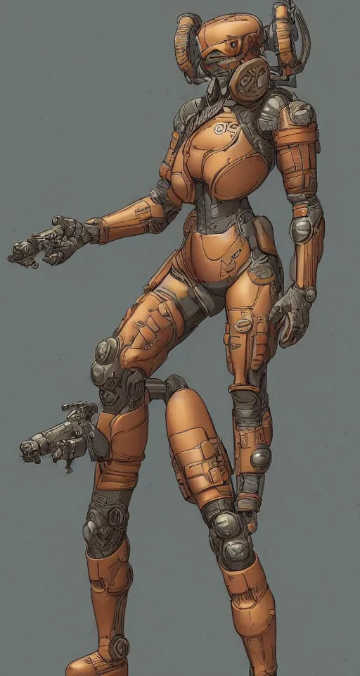 Image similar to detailed photorealistic matte painting of a woman wearing power-armor by masamune shirow and geof darrow and jean girard moebius, trending on artstation, cgsociety, action, vivid colors,dynamic,4k HD